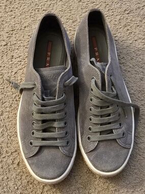 Prada Men’s Gray Suede Low-Top Sneakers with White Sole